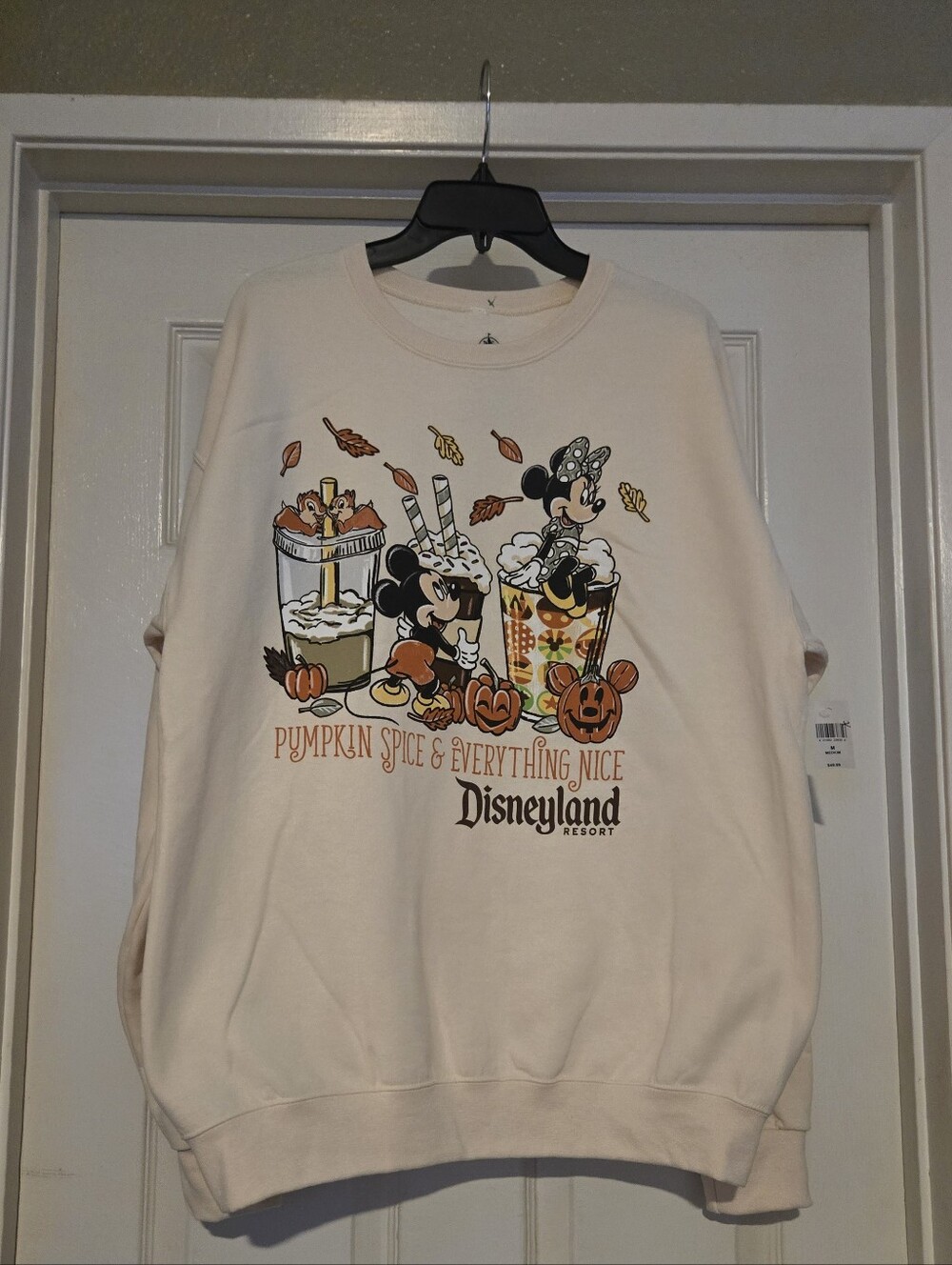 Seasonal Disney Pumpkin Spice Mickey & Minnie Crewneck Sweater - Cream - NWT